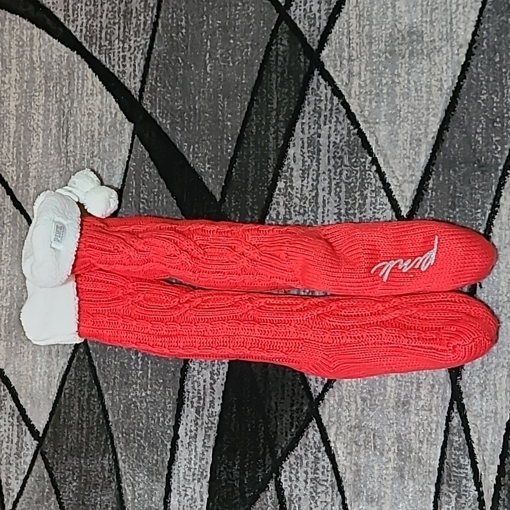 VS PINK SHERPA CABLE KNIT KNEE-HIGH POM-POM LINED SOCKS SLIPPERS